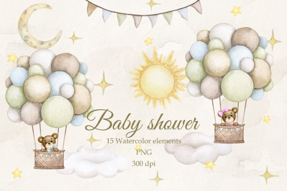Baby Shower Set: Adorable Watercolor PNG Teddy Bears