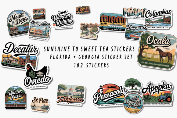 Florida + Georgia Sticker Set: Vintage Travel Design Assets